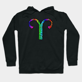 Aries Zodiac Horoscope Symbol in Dark Rainbow Leopard Print Hoodie